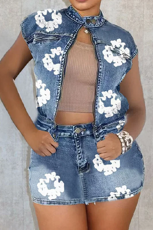 Floral Print Hot Mock Neck Denim Skirt Suit