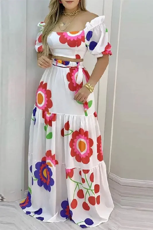 Floral Print Off Shoulder Girly Belted Tiered Skirt Suit