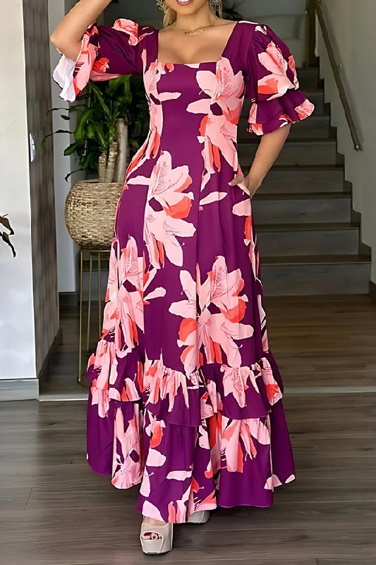 Floral Print Puff Sleeve Glamorous Tiered Ruffles Maxi Dress