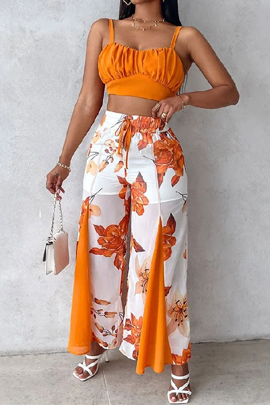 Floral Print Retro Drawstring Wide Leg Pant Suit