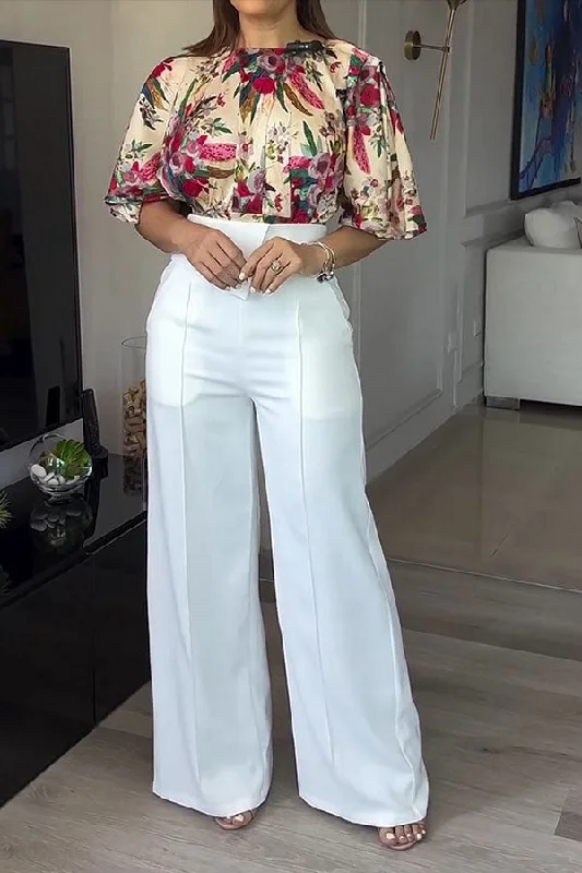 Floral Print Striking Chain Decor Wide Leg Pant Suit