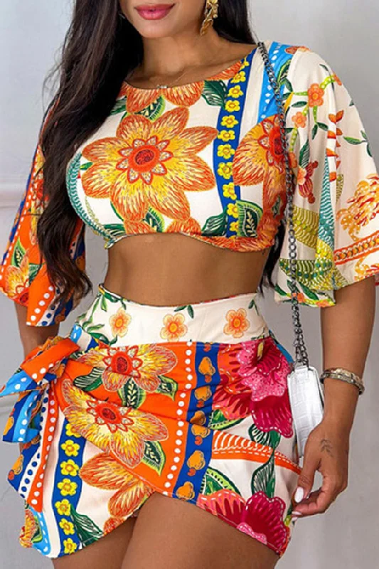 Floral Print Tropical Tie Back Irregular Skirt Suit