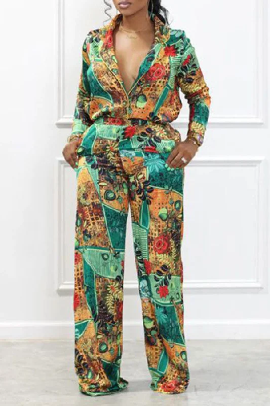 Floral Print Unique Notched Lapel Pant Suit