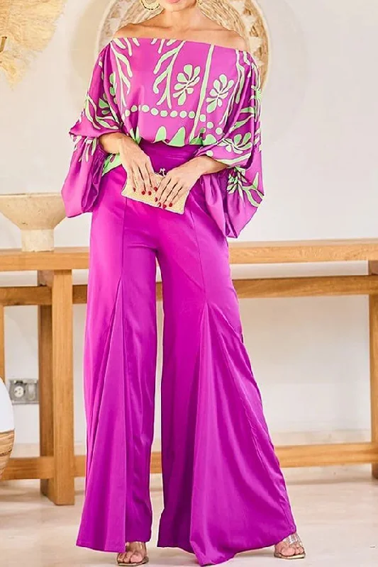 Floral Print Urban Off Shoulder Wide Leg Pant Suit