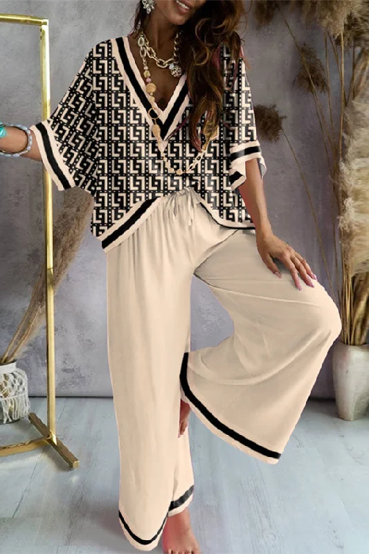 Geometric Print Patchwork Urban Wide Leg Pant Suit