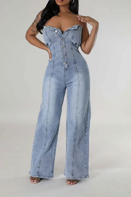 Gradient Denim Strapless Classic Wide Leg Jumpsuit