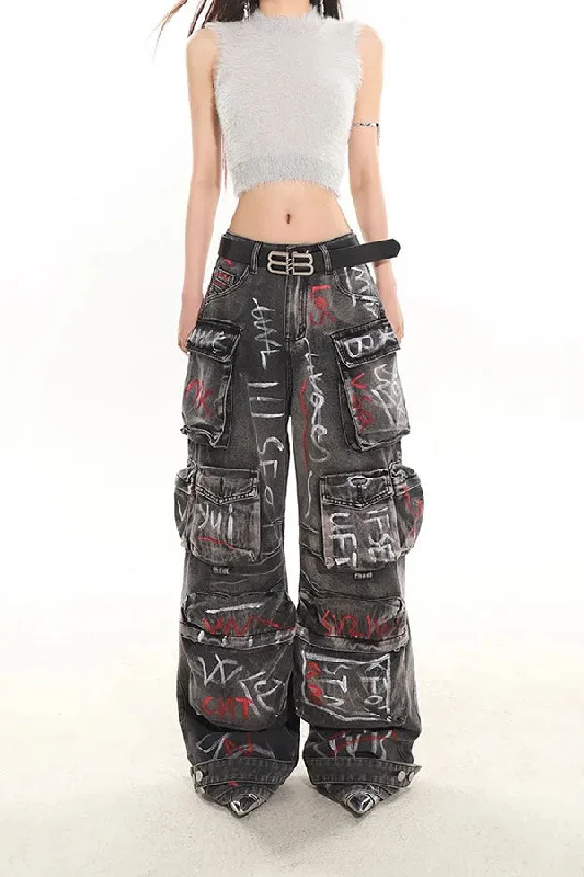 Graffiti Print Hippy Multi Pocket Gradient Jeans