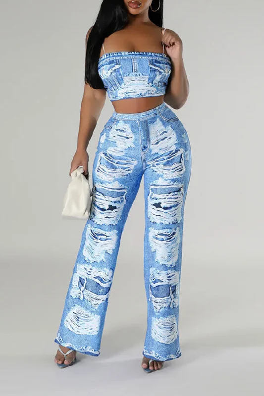 Imitation Denim Print On-trend Spaghetti Strap Pant Suit