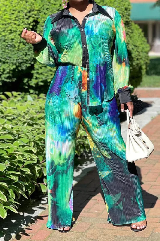 Multicolor Abstract Print Commuting Pleated Pant Suit