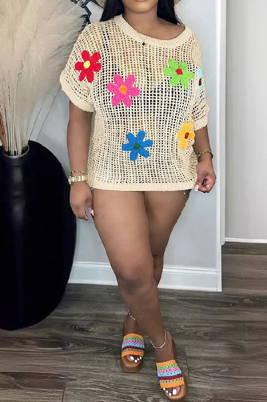 Multicolor Flower Crochet Cutout Casual T-Shirt