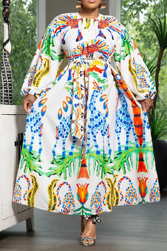 Multicolor Tribal Print Retro Belted A-Line Maxi Dress