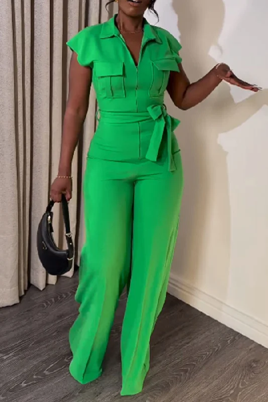 Solid Color Casual Belted Wide Leg Jumpsuit