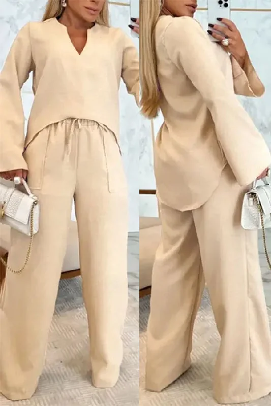 Solid Color Casual Drawstring Pocket High Low Pant Suit