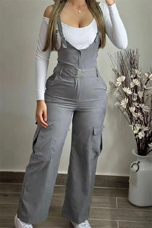 Solid Color Casual Pocket Suspender Jumpsuit