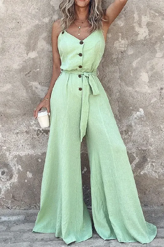 Solid Color Classic Casual Wear Button Belted Jumpsuit