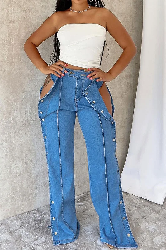 Solid Color Cool Cutout Side Snaps Design Jeans