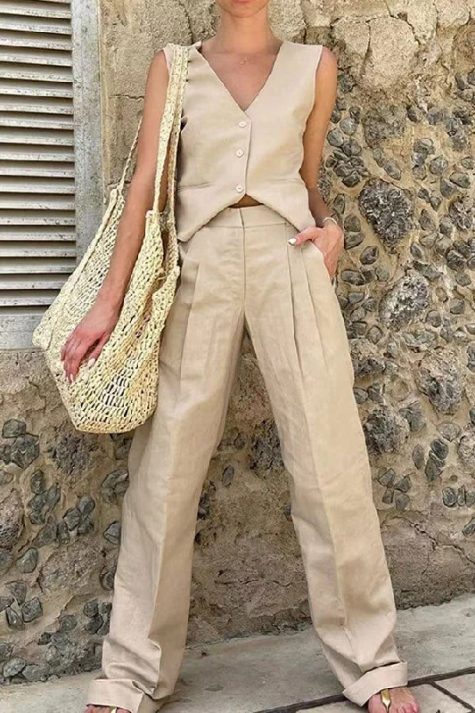 Solid Color Elegant V Neck Straight Pant Suit