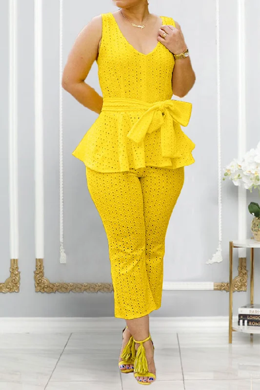 Solid Color Embroidered Cutout Sweet Belted Peplum Pant Suit