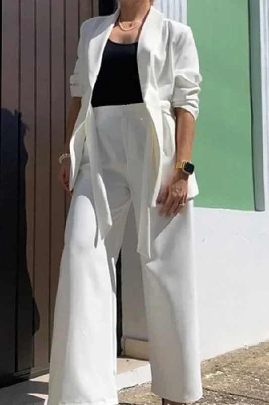 Solid Color Feminine Shawl Collar Wide Leg Pant Suit