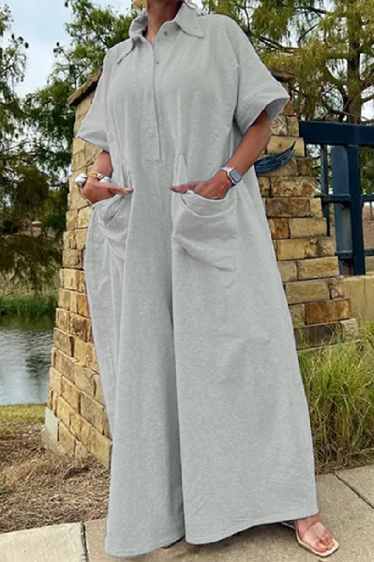 Solid Color Oversized Pocket Wide Leg Jumpsuit