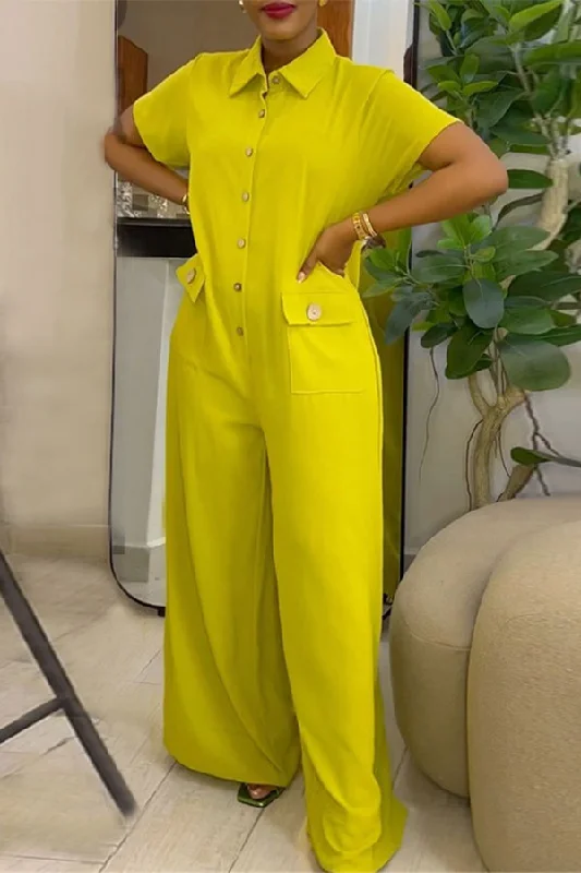 Solid Color Relaxed Button Wide Leg Jumpsuit