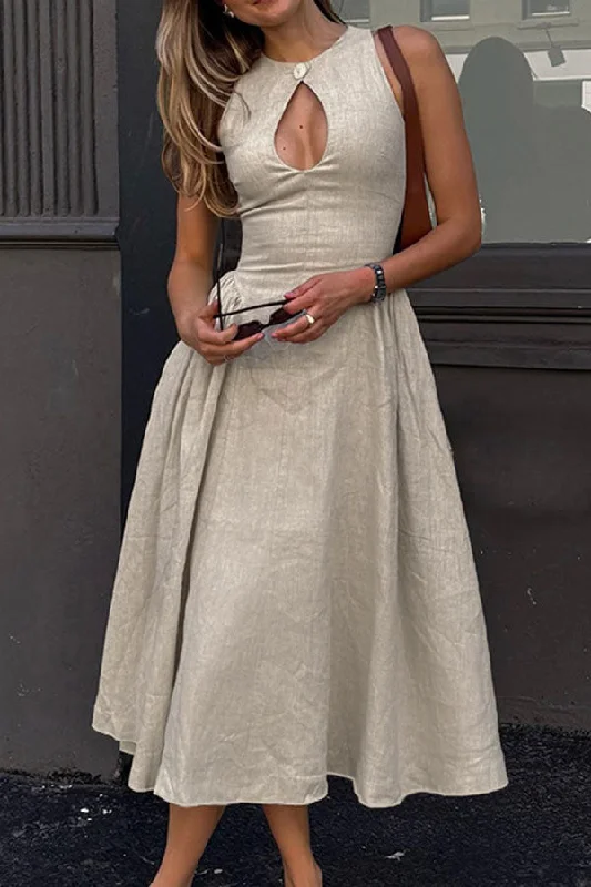 Solid Color Romantic A-Line Cutout Round Neck Midi Dress