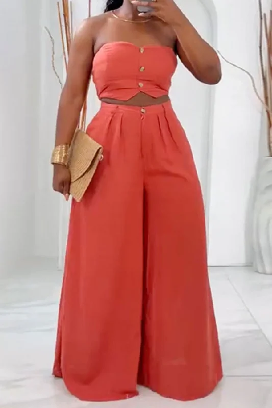 Solid Color Simple Bandeau Wide Leg Pant Suit