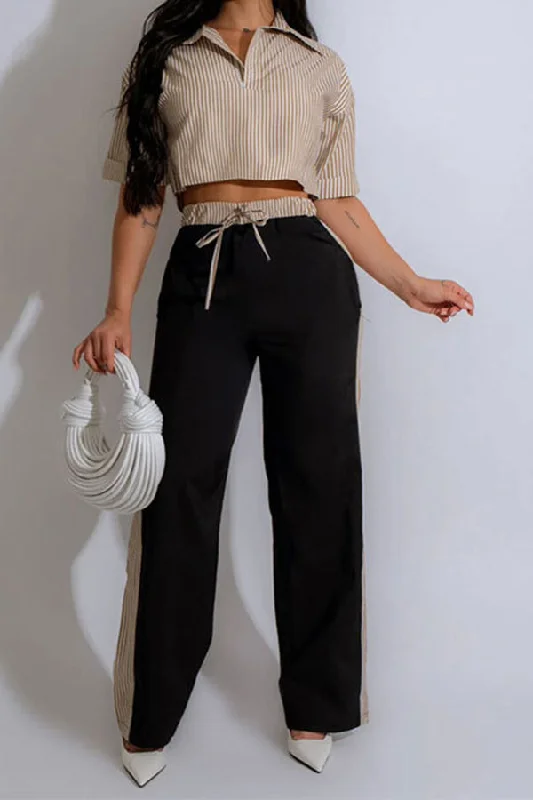 Striped Polo Neck Casual Drawstring Pant Suit