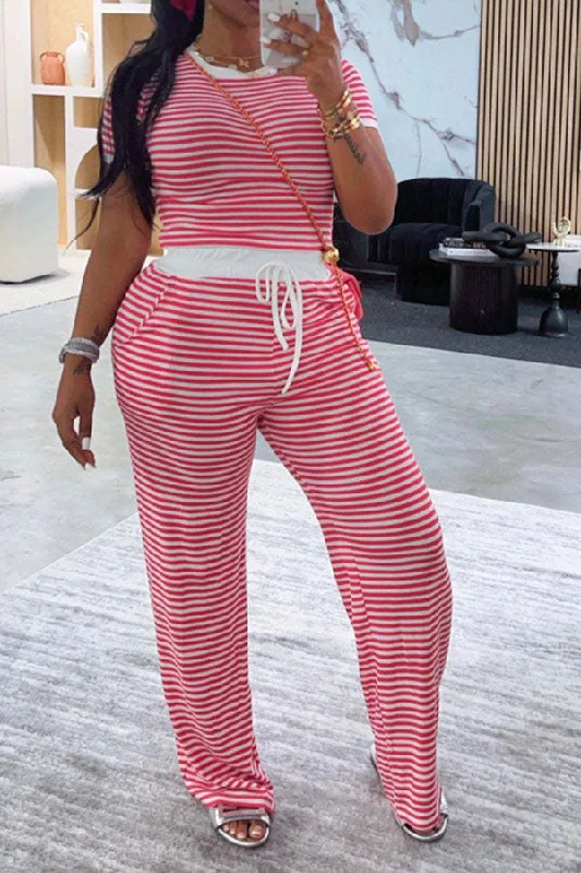 Striped Sporty Drawstring Round Neck Pant Suit