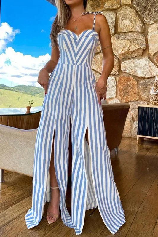 Striped Unusual High Split Lace-Up Jumpsuit