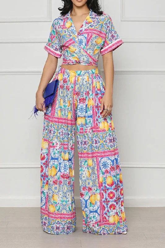 Tribal Floral Print Ethnic Strappy Pleated Wide Leg Pant Suit