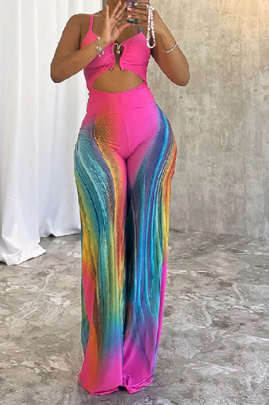 Watercolor Print Colorful Cutout Metal Decor Wide Leg Jumpsuit