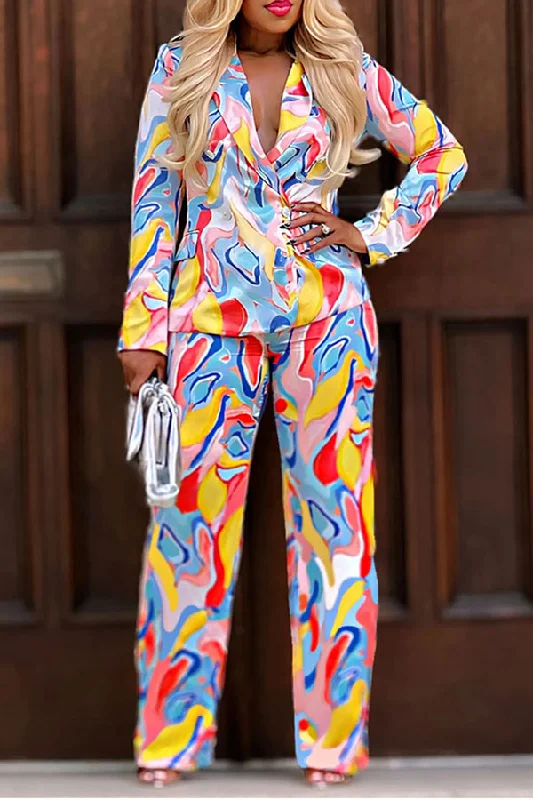 Watercolor Print Girly Notched Lapel Pant Suit