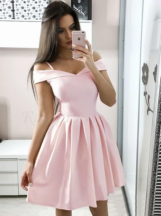 A-Line Off-the-Shoulder Above-Knee Pink Satin Homecoming Dress with Pleats   cg16167