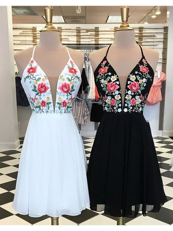 A Line V Neck Cross Back Embroidery White Short Homecoming Dresses, Flower Mini Homecoming Dresses   cg16770