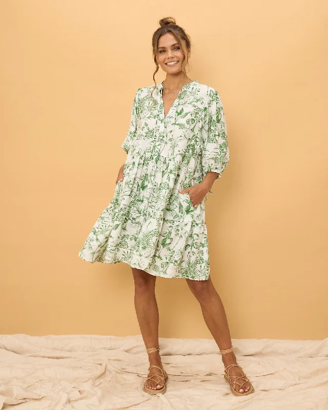 Avani Green Tropical Floral Button Down Mini Dress