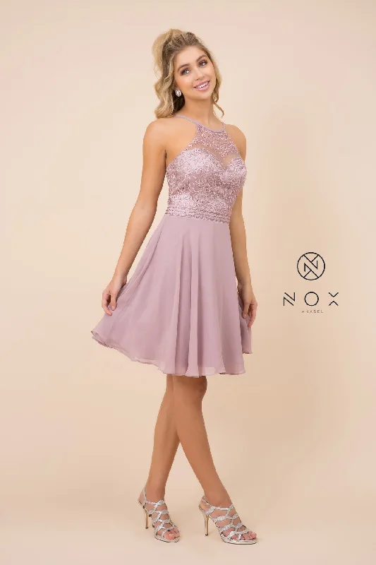 EMBELLISHED ILLUSION HALTER CHIFFON A-LINE HOME COMING DRESS Y629 BY NARIANNA