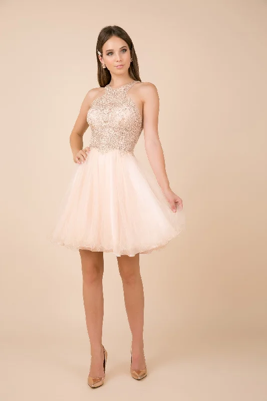 HIGH NECK EMBROIDERED BODICE TULLE SKIRT SHORT DRESS_E696 BY NARIANNA