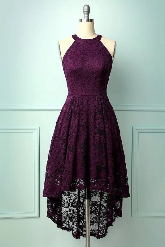 Lace Asymmetrical Halter Grape Lace Homecoming Dress   cg17526