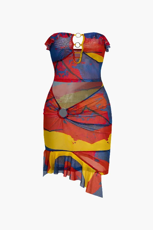 Tie Dye Print Asymmetrical Ruffle Mini Dress