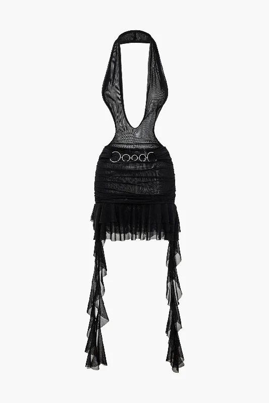 Solid Ring Fringe Backless Deep V neck Mini Dress