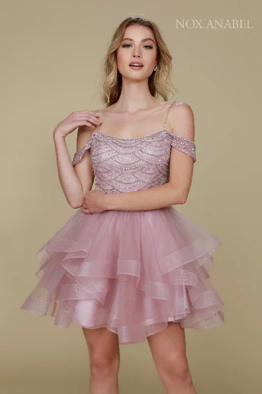 OFF-SHOULDERS BEADED TIERED A-LINE COCKTAIL PROM DRESS T668 BY NARIANNA