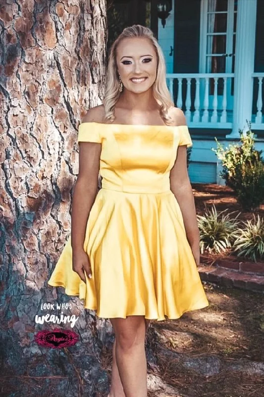 off the shoulder short yellow satin party dress homecoming dress    cg17195