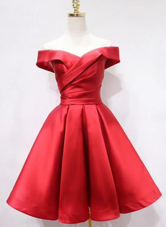 Red Satin Off Shoulder Short Party Dress, Red Homecoming Dress    cg16141