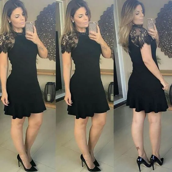 Cute Short Lace Black Short Sweet 16 Black Prom Dresses       S2999