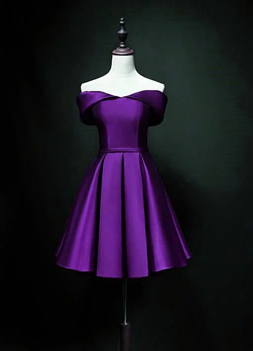 Cute Short Sweetheart Satin Off Shoulder Purple Short Prom Dresses       S2968