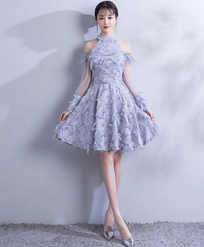 Gray Lace Short Prom Dress, Gray Lace Homecoming Dress       S2962