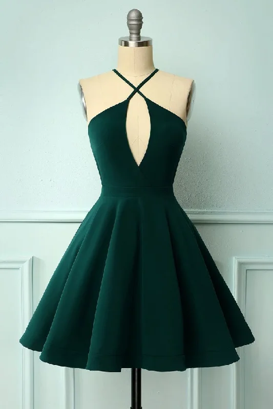 Green Halter Short Homecoming Dress, A Line Sleeveless Graduation Dress         S2995