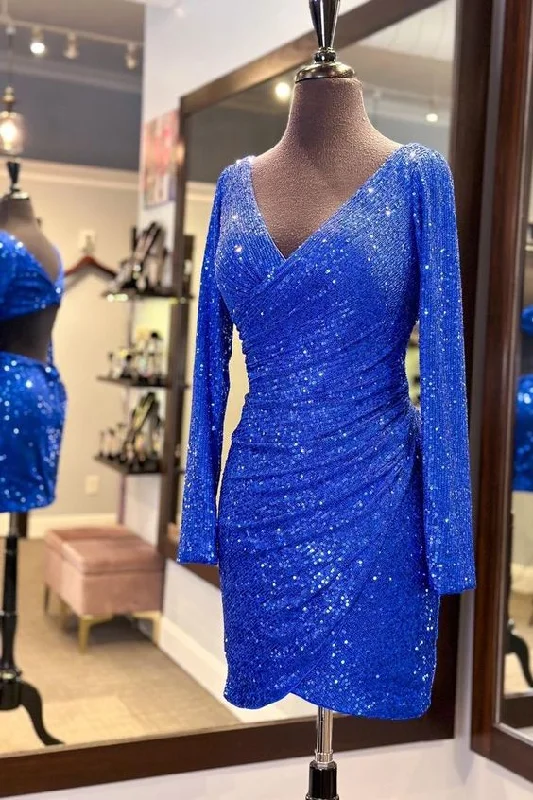 Long Sleeves Royal Blue Sequin Tight Mini Dress          S3036