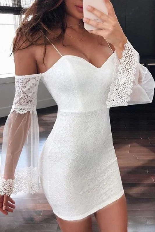 Sexy Strap Mesh Sleeve White Lace Cami Midi Dress         S2996